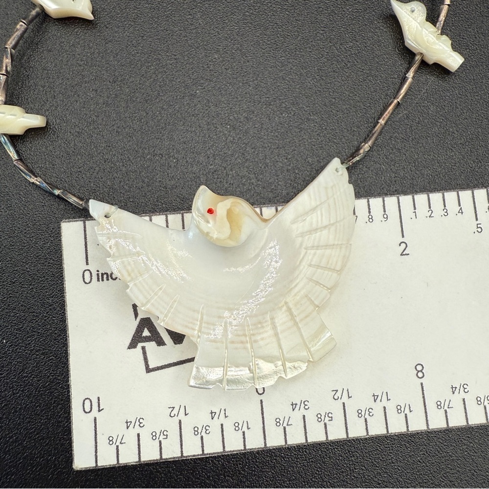 Vintage Native American Mother of Pearl Heishi Bird and Liquid Silver Necklace - Picture 11 of 16